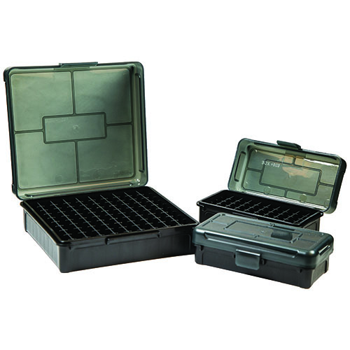 Die Frankford Arsenal Hinge-Top Ammo Box bietet einen starken mechanischen Kunststoffscharnier, ist stapelbar und öffnet flach, ideal für kaltes Wetter.