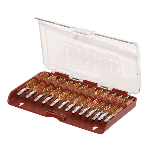Das Tipton 13-teilige Bronze-Bürsten-Set bietet kaliberspezifische Bürsten aus hochwertigem Phosphorbronze, sicher verpackt in einer stabilen Box.