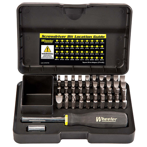 Das Wheeler Professional Gunsmithing Screwdriver Set bietet 43 präzise Bits für jede Waffe, inklusive 15 Spezialbits für spezielle Anwendungen.