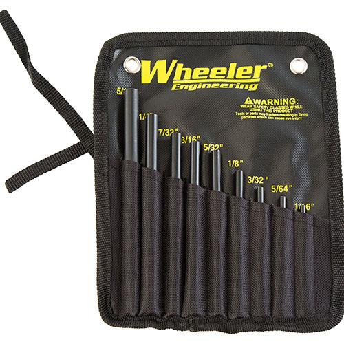 Das Wheeler Roll Pin Starter Set aus gehärtetem Stahl verhindert das Biegen von Stiften und ermöglicht präzises Arbeiten mit 9 verschiedenen Größen in einer praktischen Tasche.