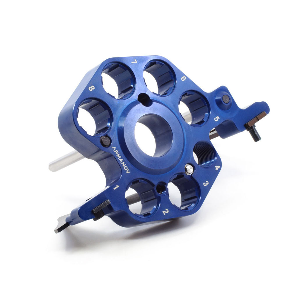 Der ARMANOV Toolhead für Dillon Super 1050 bietet schnellen Werkzeugwechsel, integrierte LED-Beleuchtung, hohe Präzision und zusätzliche Platz für eine weitere Patrone.