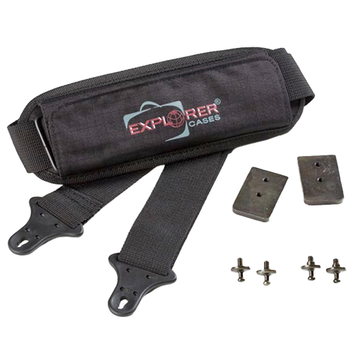 Das EXPLORER CASES Adjustable Shoulder Kit bietet einen verstellbaren Schultergurt, 4 Gewinde-Knoten und 2 Metallplatten für optimale Anpassung und Komfort.