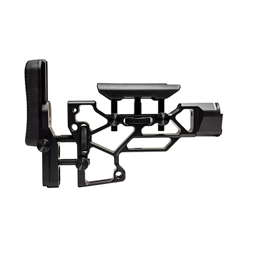 Die MDT Skeleton Rifle Stock V5 Short bietet werkzeuglose Anpassungen für optimalen Komfort und Leistung, passend für TAC21, LSS-XL und HS3 Chassis.