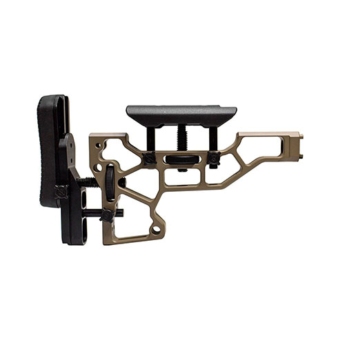 Die MDT Skeleton Rifle Stock ermöglicht werkzeuglose Anpassungen für optimalen Komfort und Leistung. Perfekte Anpassung an deine Schussposition für ACC und ESS Chassises.