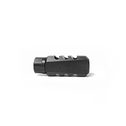Der MDT Elite Muzzle Brake reduziert den Rückstoß um bis zu 66%, verbessert die Schussgeschwindigkeit und Genauigkeit und bietet eine anpassbare Ausrichtung.