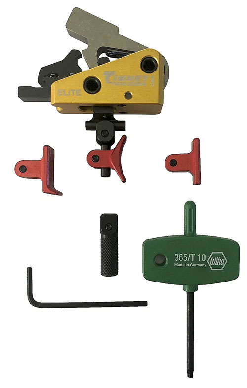 Der AR CALVIN ELITE Trigger bietet einen präzisen 1,5 lb Abzug, eine schnelle Rückstellung und ist mit vier verstellbaren Abzugschuhen für individuellen Komfort ausgestattet.