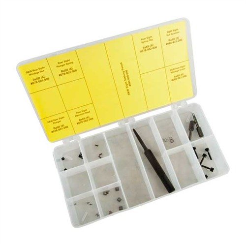 Mit dem SMITH & WESSON DELUXE REAR SIGHT REBUILD KIT hast du alles, um S&W Visierungen präzise zu reparieren und zu montieren – inklusive spezieller Werkzeuge!