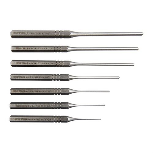 Die Brownells Premium Roll Pin Punches aus gehärtetem Kohlenstoffstahl bieten präzise Passform und verhindern Beschädigungen, ideal für die Wartung deiner Feuerwaffen.