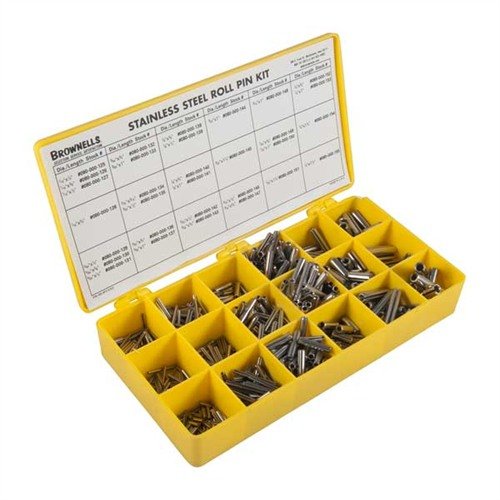 Das STAINLESS STEEL ROLL PIN KIT bietet 850 Pins in 8 Durchmessern, ideal für Waffen und Werkstattprojekte, einfach zu nutzen und schüttelt sich nicht los.