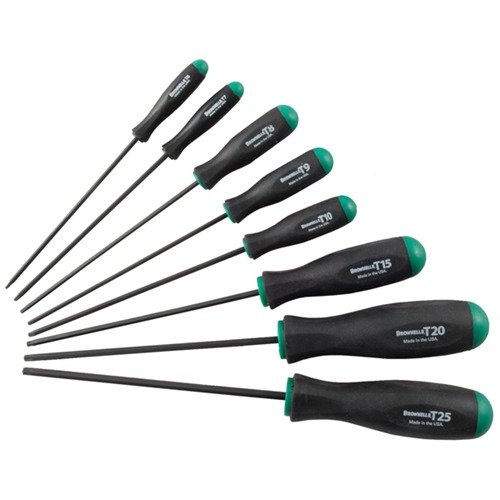 Das Brownells TORX® Driver Set bietet 8 präzise, ergonomische Schraubendreher in beliebten Größen für eine komfortable Handhabung und zuverlässige Leistung bei der Waffenpflege.