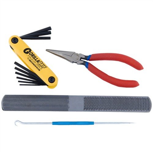 Das Brownells Basic Gunsmithing Add-On Pack No. 1 bietet dir vielseitige Werkzeuge wie eine 4-in-1 Hand Rasp, Scribe Hook und faltbare Hex Tools für präzise Reparaturen.