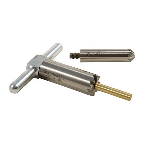 Mit dem BRASS ONE CALIBER SET kannst du Mündungen präzise bearbeiten: ein 90° Cutter zum Ausrichten und ein 45° Cutter für saubere Ausgänge.