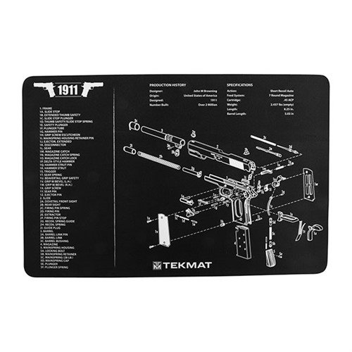 Die TEK MAT PISTOL GUN CLEANING MAT schützt deine Waffe beim Reinigen, hat eine rutschfeste Neopren-Unterseite und ein detailliertes Diagramm für 1911.