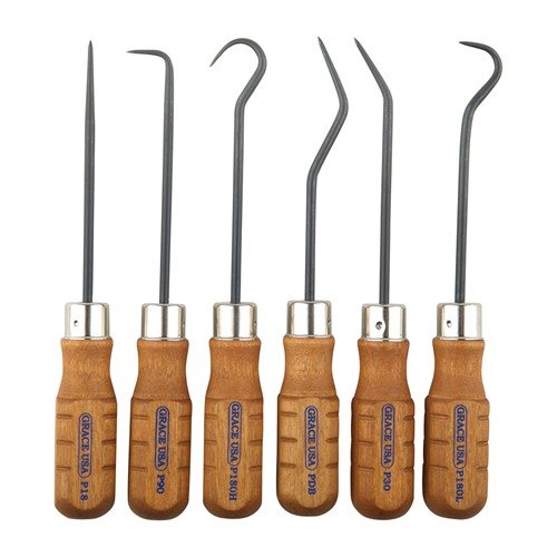 Das 6-teilige Hook and Pick Set von GRACE USA bietet dir robuste Werkzeuge aus US 8650 Chromium-Vanadium-Stahl mit hochwertigen Holzgriffen für langanhaltende Zuverlässigkeit.