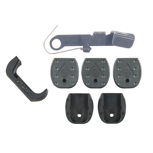 Mit dem Vickers Glock Accessory Pack erhältst du einen verlängerten Magazinrelease, rutschfeste Bodenplatten und einen verbesserten Daumenpad für schnellere Nachladevorgänge.