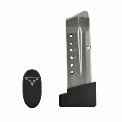 Die Taran Tactical Magazine Extension für M&P Shield erhöht die Kapazität, fügt 2 Schuss für 9mm und 1 Schuss für .40 S&W hinzu und ist einfach zu installieren.