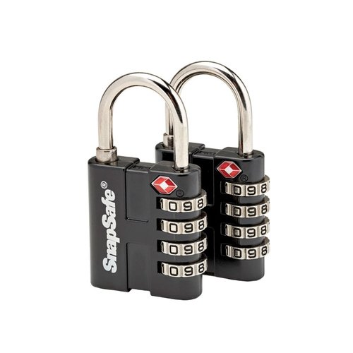 Schütze deine Sachen mit dem TSA PADLOCK 2-PACK von SNAP SAFE: 4-stellige Kombination, TSA-zugelassen, aus Metall und mit Edelstahl-Haspeln.