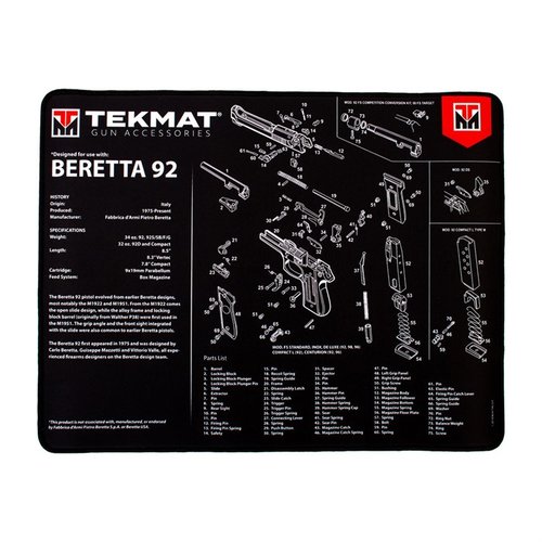 Die TekMat Ultra 20 Pistol Cleaning Mat ist wasserdicht, kratzfest und bietet eine Parts-Liste für einfache Handhabung beim Zerlegen deiner Beretta 92.