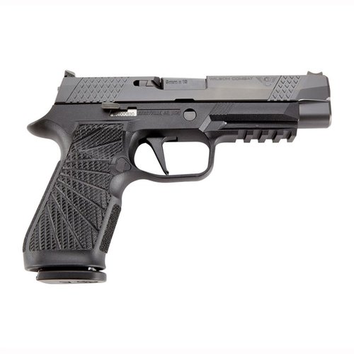 Die WCP320 SIG SAUER 9mm überzeugt mit ergonomischem Wilson Combat Griff, X-TAC-Muster für bessere Handhabung und einer langlebigen schwarzen DLC-Beschichtung.