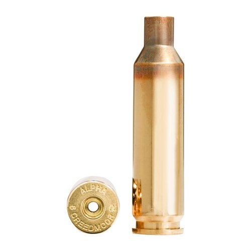 Die Alpha 6mm Creedmoor Brass bietet optimale Haltbarkeit mit OCD-Technologie, erhältlich mit Large oder Small Rifle Prime Pockets, 100 Stück in schützenden Boxen.