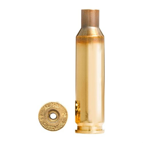Die Alpha 6.5mm Creedmoor Brass bietet Langlebigkeit durch OCD optimierte Hülsen, erhältlich mit Large oder Small Rifle Prime Pockets, 100 Stück pro Box.