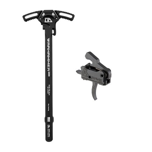 Verbessere dein AR-15 mit dem RISE RA-140 RAVE Trigger für einen präzisen Abzug und dem WARHAMMER MOD2 Charging Handle für optimierte Handhabung und weniger Gasrückstoß.