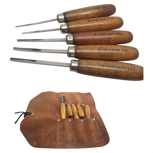 Das 5-teilige GUNSTOCK V & U CARVING SET von U.J. RAMELSON ist perfekt für Checkering und Restaurierung, mit verschiedenen V- und U-Chiseln für präzise Ergebnisse.