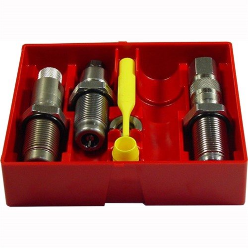 Das Lee Steel 3-Die Pistol Set enthält eine Full Length Sizing Die, Bullet Seating Die und Powder Through Expanding Die, ideal für präzises Nachladen!