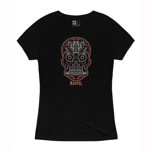 Entdecke das bequeme Women's Sugar Skull T-Shirt von Magpul, aus 52% Baumwolle und 48% Polyester, mit strapazierfähigen Nähten und ohne Etikett.
