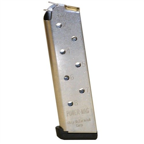 Die 1911 8RD .45 ACP POWER MAGAZINE bietet zuverlässige Leistung, eine robuste Bauweise und eine Kapazität von 8 Schuss für optimale Schussbereitschaft.
