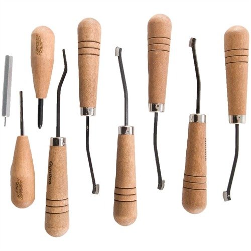 Mit dem PREMIER CHECKERING SET von GUNLINE erhältst du alles für präzises Checkering: 6 Werkzeuge, detaillierte Anleitungen und langlebige Cutter für perfekte Ergebnisse.