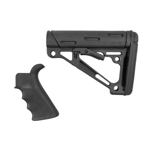 Das Hogue 2-teilige Kit bietet einen ergonomischen Finger Groove Grip und einen zusammenklappbaren Buttstock für optimalen Komfort und Stabilität beim Schießen.