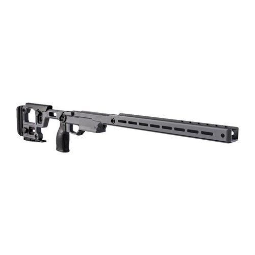 Die SOLUS Competition Chassis für Remington 700 bietet präzise Anpassungsmöglichkeiten, M-LOK und Arca Swiss Kompatibilität sowie verstellbare Schulterstütze und Backe.