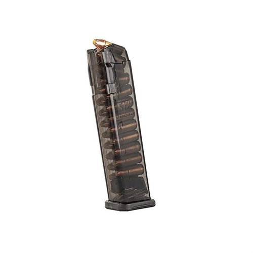 Die 22-Schuss 9MM Magazine für Glock 17, 18, 19, 26, 34 bieten extreme Schlagfestigkeit, sind chemikalienbeständig und haben eine transparente Bauweise.