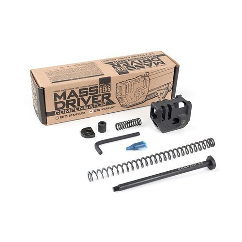 Der Strike Industries Mass Driver Comp bietet eine revolutionäre Kompensation ohne Gewinde, reduziert Rückstoß und passt perfekt in offene Holster für GLOCK 19.