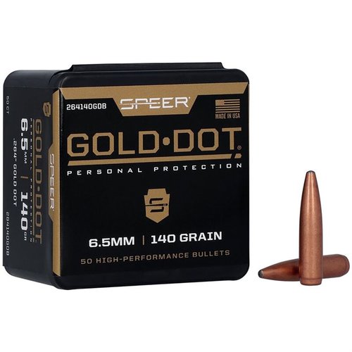 Die Gold Dot 264 Kaliber/6.5mm 140gr Soft Point Geschosse bieten extreme Genauigkeit, zuverlässige Leistung und nahezu 100% Gewichtserhalt für effektiven Schutz.