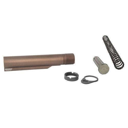 Der Geissele Premium Mil-Spec Buffer Tube aus robustem 7075-T6 Aluminium bietet 6 Positionen, während die Super 42 Feder die Zuverlässigkeit und Rückstoßdämpfung verbessert.