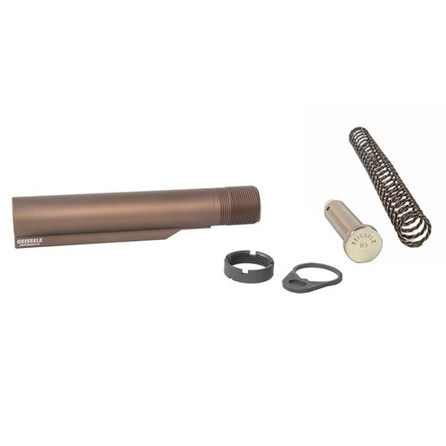Der Geissele Premium Mil-Spec Buffer Tube aus 7075-T6 Aluminium bietet 6 Positionen, während die Super 42 Feder die Zuverlässigkeit und Leistung deiner AR-15 verbessert.