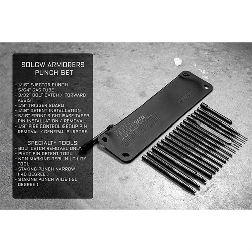 Das ARMORER'S PUNCH SET von SONS OF LIBERTY GUN WORKS bietet dir 16 präzise QPQ-behandelte Werkzeuge, ideal für die Montage und Demontage von Waffen.