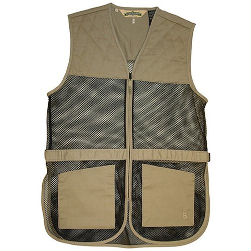 Die BOB ALLEN FULL MESH DUAL PAD SHOOTING VEST bietet leichtes Mesh für bessere Belüftung, anpassbare Seitentabs und Taschen für Schrotpatronen.
