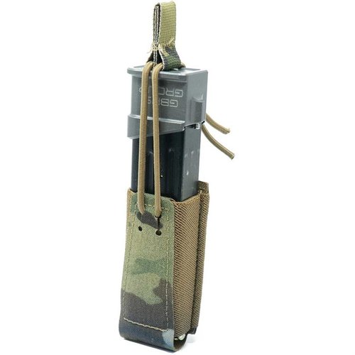 Der GBRS Group Single Pistol Mag Pouch bietet eine MOLLE/BELT-kompatible Lösung mit Bungee-Retention für einen sicheren Halt und schnellen Zugriff auf die Magazine.