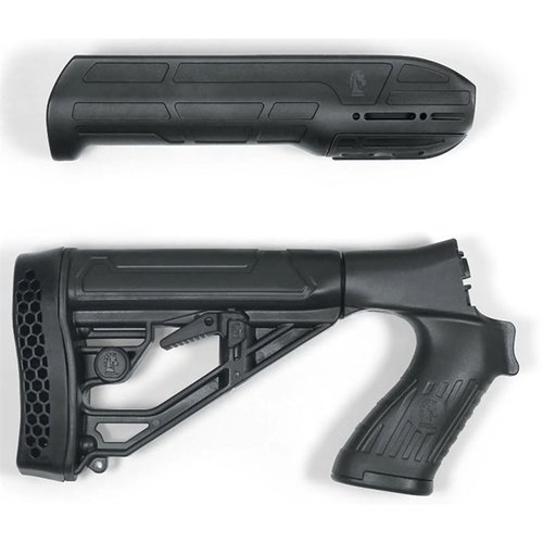 Das EX Performance Adjustable Stock & Forend für Mossberg 500/590/88 bietet anpassbare Länge, integrierte Sling-Punkte und eine Picatinny-Schiene für Zubehör.
