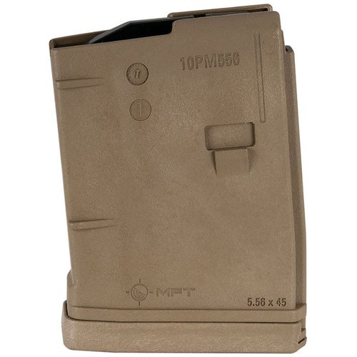Die MFT 5.56X45 NATO 10-Runden-Magazine bieten eine verbesserte Ergonomie, hohe Schlagfestigkeit und zuverlässige Zuführung mit einem flared floor plate und toolless Disassembly.
