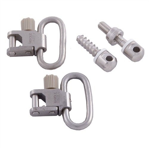 Die 115 NICKEL PLATED SWIVEL SET von UNCLE MIKES ist rostbeständig und passt perfekt zu Edelstahlwaffen, inklusive 2 Swivels, 1 Holzschrauben- und 1 Maschinenschraubenmontage.