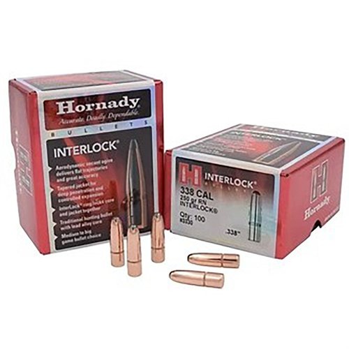 Die Hornady InterLock Bullets bieten eine aerodynamische secant ogive für flache Flugbahnen und hohe Präzision, mit tiefem Eindringen und kontrollierter Expansion.