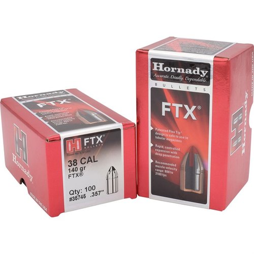 Die Hornady® FTX® 38 Kaliber Geschosse bieten präzise Leistung und sofortige Expansion dank der Flex Tip® Technologie, sicher für Röhrenmagazine.