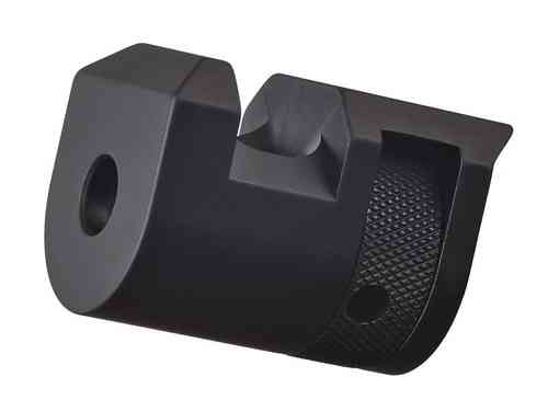 Der Single-port Comp für LLV und Scorpion aus schwarz anodisiertem Aluminium bietet optimale Stabilität, einfache Montage mit Knurled Nut und ist CNC-gefertigt für Langlebigkeit.